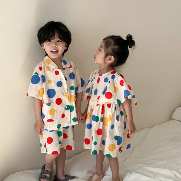 Summer Brother Sister Clothes Colourful Polka-dot Cotton Girls Dress Short Sleeve Tops Loose Shorts Two Piece Suit Sibling Look